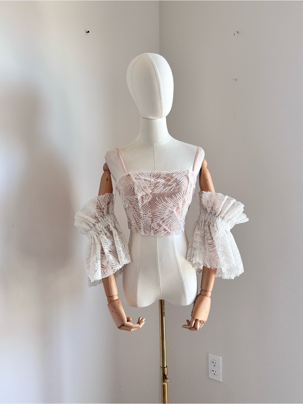 Boohoo Pink Lace Crop Top with White Ruffle Sleeves